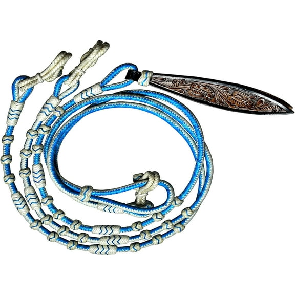 Western Horse Tack – 8.5 Ft Sky Blue Romal Reins with Natural/Black Knots & Two-Tone Carved Leather Popper, 56" Romel