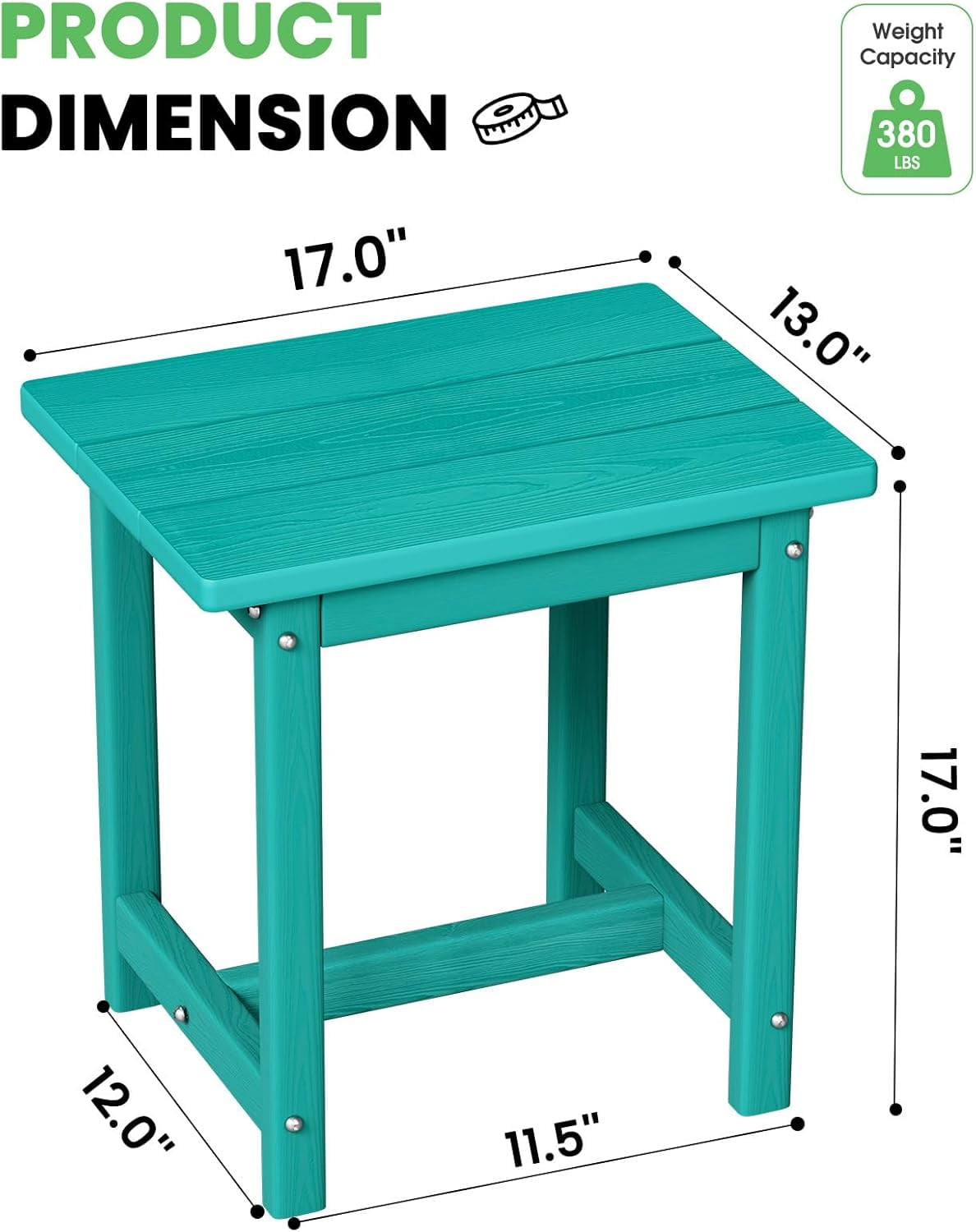 SUUNYN HDPE Outdoor Side Table, Weather Resistant Patio End Table, Aqua