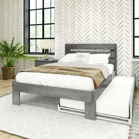 Max & Lily Full Size Bed Frame  Farmhouse Wood Platform Bed with Headboard and Trundle  Driftwood