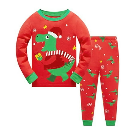 

Kids Christmas Pajamas 100% Cotton Long Sleeve Boys Christmas PJs 2 pcs Dinosaur Graphic Holiday Sleepwear