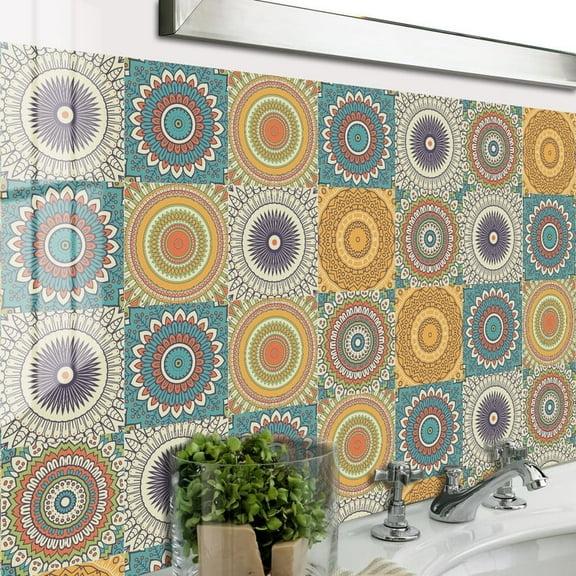 12 Pieces Tiles Stickers Kitchen Backsplash Decals 4x4inch Yellow Mandala Wall Stickers Vinyl Peel and Stick Bathroom Stairs Decor