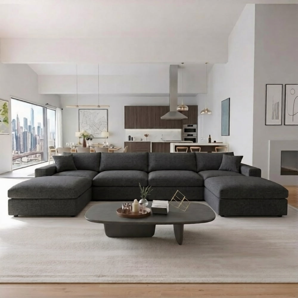 Howcool Cloud Couch Modular Sectional Sofa 6 Seat 134" U Shaped Convertible Couch Linen Thick Cushion with 2 Storage Ottomans and Toss Pillows Washable Removable Cover for Living Room,Charcoal Black