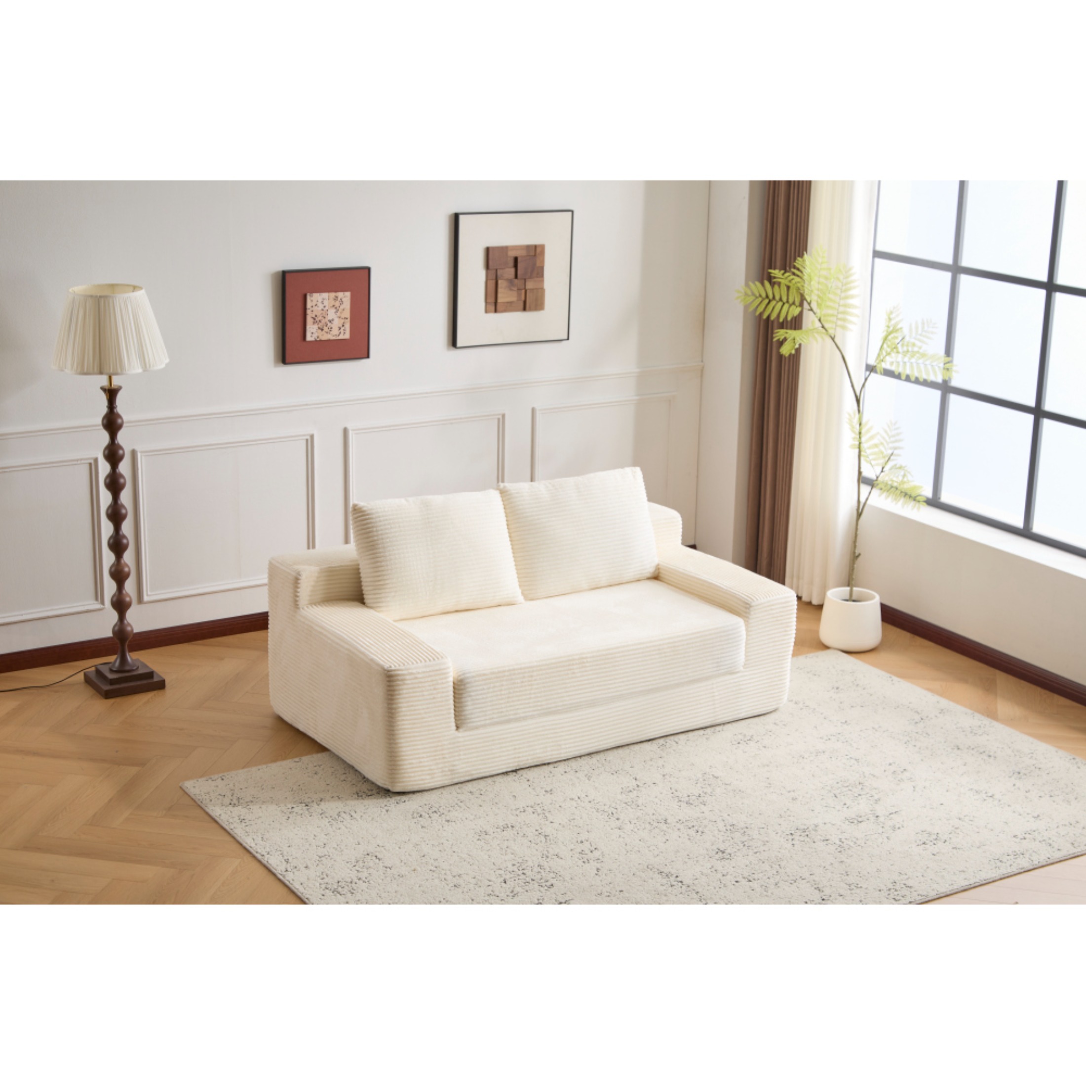 SOULART 71.65" Loveseat Sofa, White Corduroy Deep Seat Couch, Reversible Cushion with Pillows, No Assembly Required