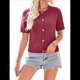 thumbnail image 2 of Cárdigan de Verano de Corta para Mujer, Tejido de Cable, Cuello Redondo, Botones, Tops, Rojo Vino, Talla M, 2 of 10