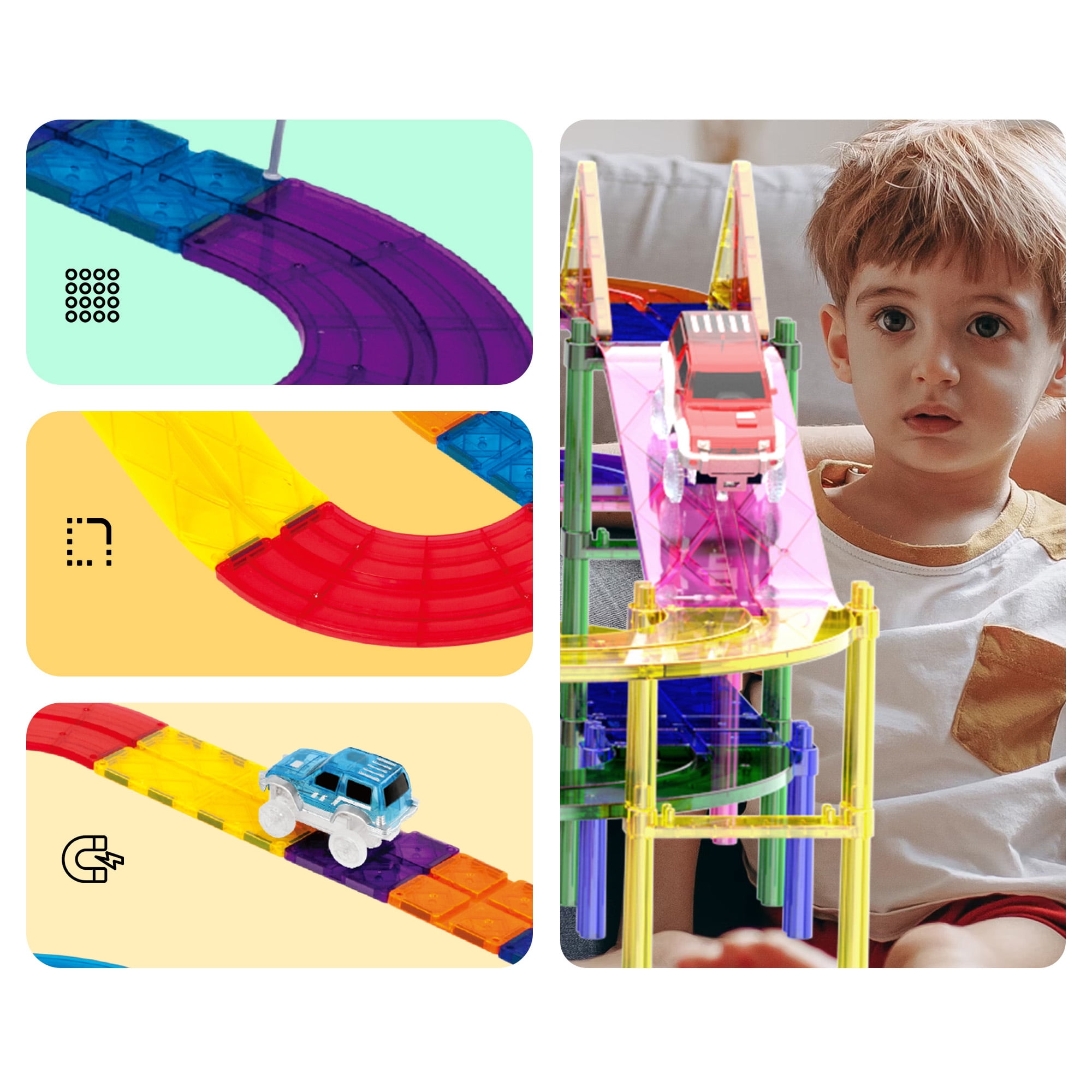 PicassoTiles Race Track Magnetic Tiles for Kids with 2 Racing Cars – 100PCS STEM Construction Building Blocks Educational Toy Set