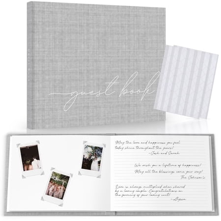 Wedding Guest Book With Clear Photo Corners Self Adhesive Stickers - Linen Photo Guestbook to Sign at Bridal Shower or Wedding Reception Party - 100 Pages - Half Blank and Lined Thick Paper Books