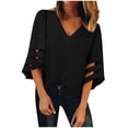 thumbnail image 2 of Puntoco Blusa sólida con cuello en V para mujer Blusa con panel de malla Blusa con manga acampanada Tops sueltos Puntoco Puntoco-805, 2 of 6