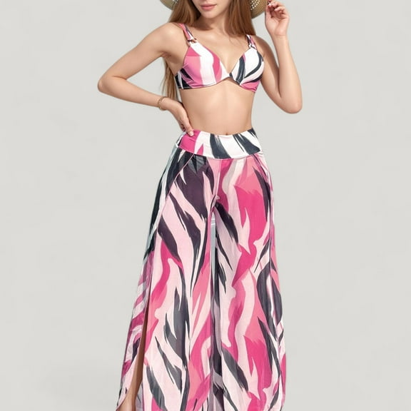 Women's Three-Piece Swimsuit Set with Bikini Top High Waist Bottom and Sheer Abstract Print Wide Leg Pants - Small, Pink