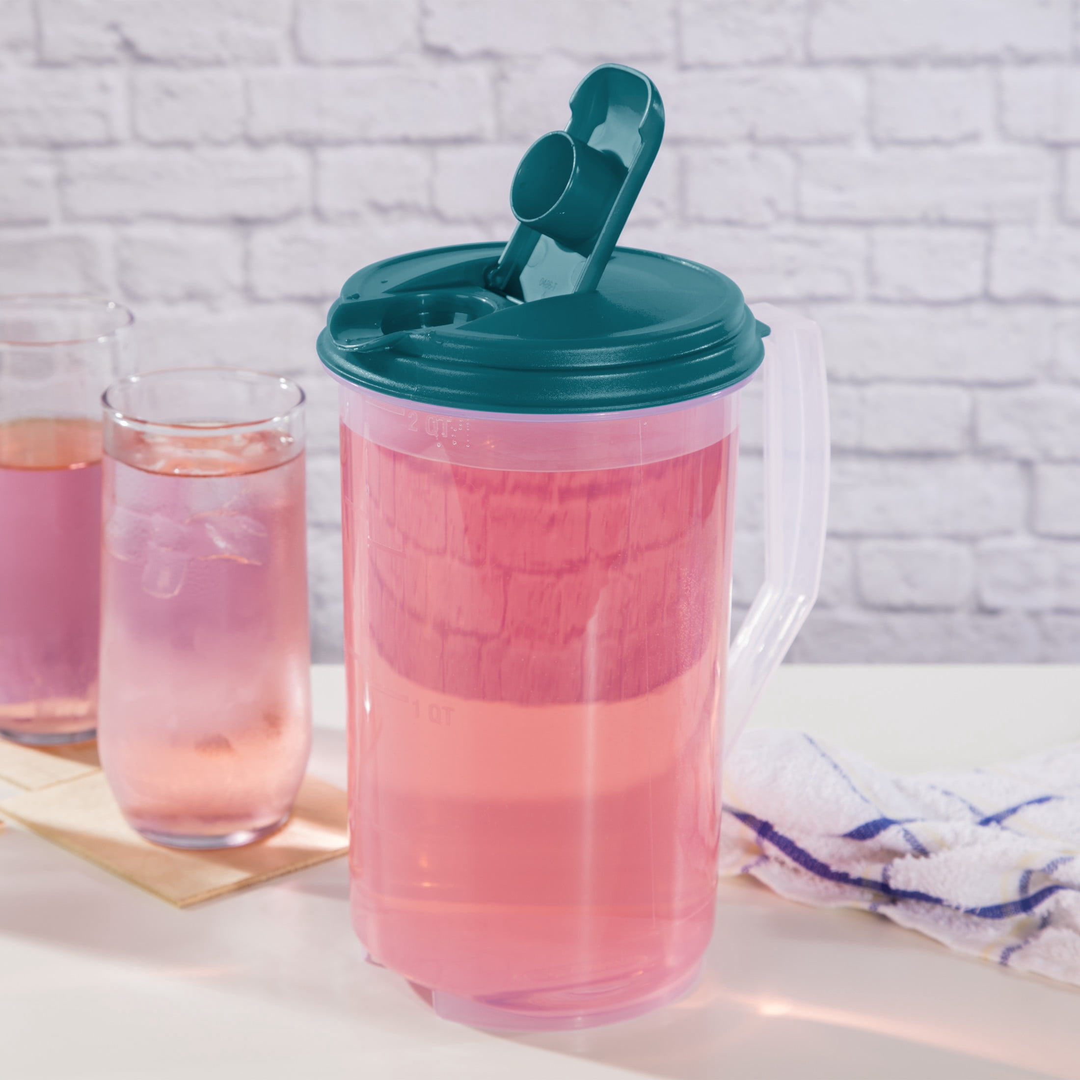 (6 pack) Mainstays 2 Quart Round Pitcher, Clear Plastic with Flip-top Spout, Handle and Measure Marks, BPA-Free, Teal Lid