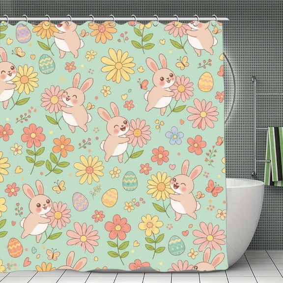 Easter Bunny Meadow Print Shower Curtain,Modern Fabric Waterproof Shower Curtain Set with Hooks 70.8×70.8Inch (180×180cm)