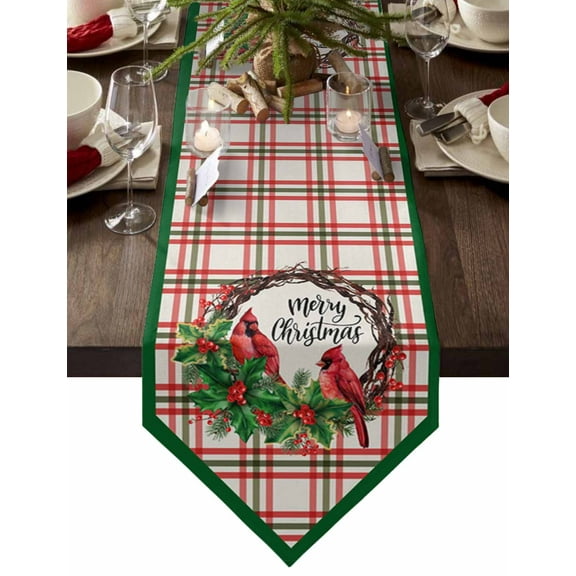 Table Runner Dresser Scarves Christmas Cardinal Bird Holly Wreath Cotton Linen Burlap Table Cover Vintage Rustic Tartan Grid Table Runners for Family Kitchen Dining Holiday Party Banquet Decor