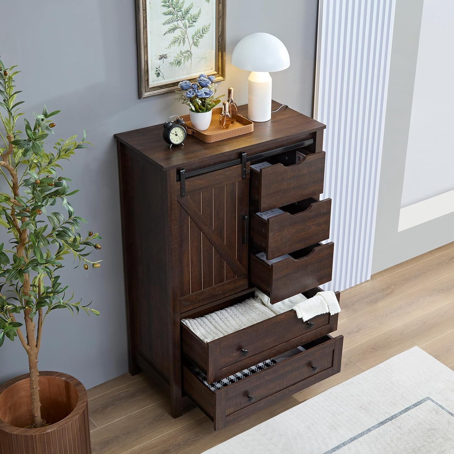 BOSHIRO 5-Drawer Sliding Barn Door Dresser, Espresso Brown Finish, Farmhouse Tall Chest for Bedroom and Living Room