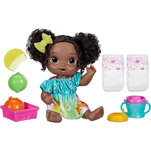 Baby Alive Fruity Sips Doll, Toys for 3 Year Old Girls, 12-inch Baby Doll Set, Drinks & Wets, Pretend Juicer, Black Hair
