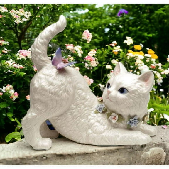 Ceramic Cat Music Box Playing with Butterfly 7.25" Gift for Cat