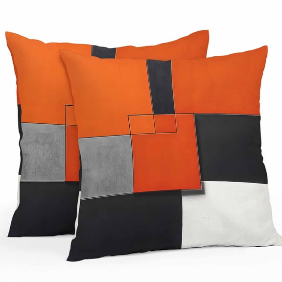 Burnt Orange Black Grey Waterproof Outdoor Throw Pillow Covers 18''x18'' Pack 2, Pillow Cases Throw Cushion Cover with Zipper, Color Block Geometric Modern Washable Pillowcase for Poolside Sofa