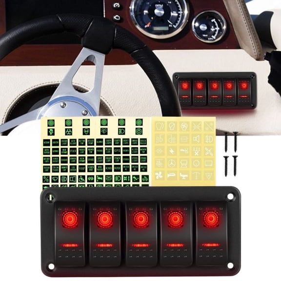 Waywe 5 Gang Rocker Switch Panel 5Pin on off Toggle Switch Aluminum Holder 12V 24V Dash Pre-Wired Red Backlit Switches for Automotive Cars Marine Boats RVs Truck