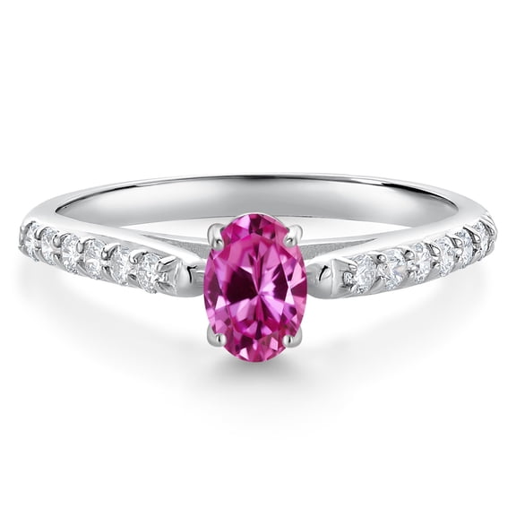 Gem Stone King 10K White Gold Pink Created Sapphire and White Lab Grown Diamond Engagement Ring for Women (0.68 Cttw, Oval 6X4MM, Gemstone September Birthstone, Size 9)