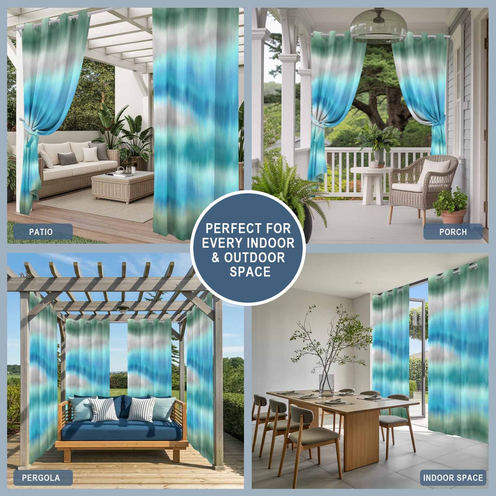 Aqua Gradient Sea Mist Outdoor Curtains for Patio, Abstract Blue Green Water Ripples Sunshade Privacy Drapes Grommet Waterproof Outside Curtains for Porch/Cabana/Balcony 54"x 108", 1 Panel