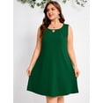 thumbnail image 5 of SHOWMALL Women's Plus Size Sleeveless Dress, A-Line Summer Dress with Pockets, Dark Green 1X Keyhole Neck Pleated Casual Shift Dress for Beach Vacation, 5 of 6