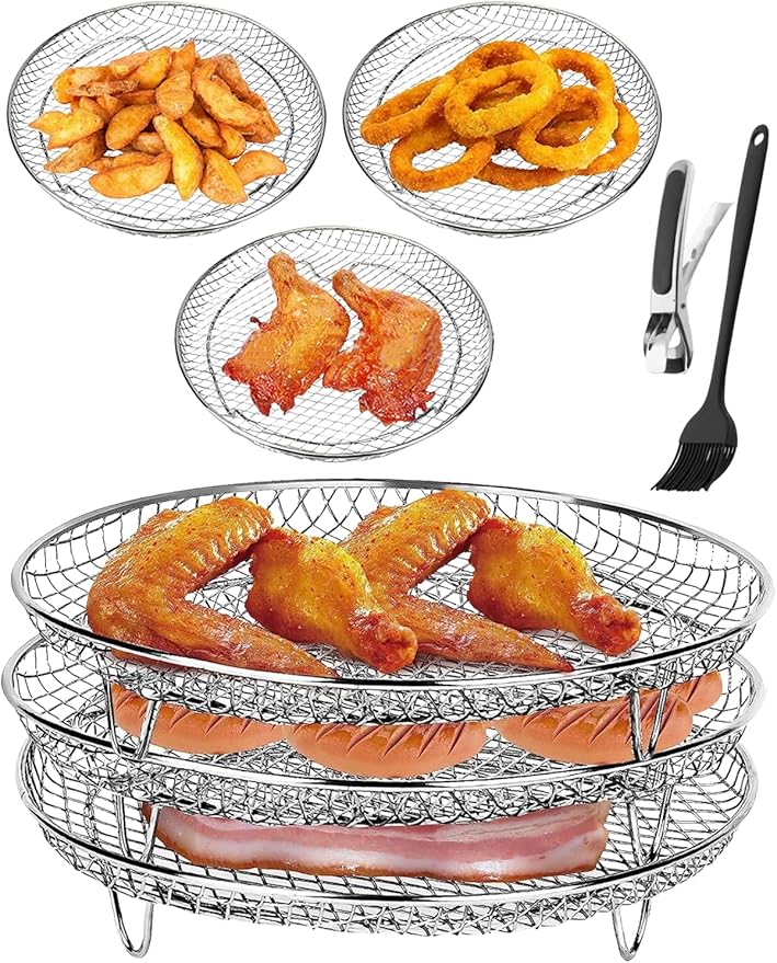 Three Stackable Dehydrator Racks for Ninja, Instant Pot Vortex, COSORI, CHEFMAN, Gowise, Ultrean, Gourmia - 304 Stainless Steel Grill Rack Fits 4.2-5.8 QT Air Fryer, Oven Air Fryer Accessories