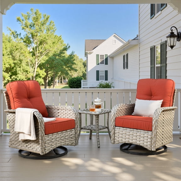 Vcatnet 3 Pieces Outdoor Patio Furniture Wicker Swivel Rocking Chair Swivel Rocker Patio Chairs Set of 2 with Side Table for Porch, Backyard, Orange Red