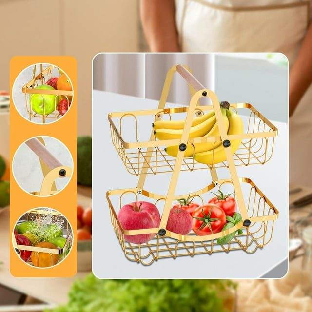 Organizador de canasta de frutas de cocina organizador decorativo de metal desmontable de 2 niveles Cesta de vegetales de 2 niveles para sala de estar Oro