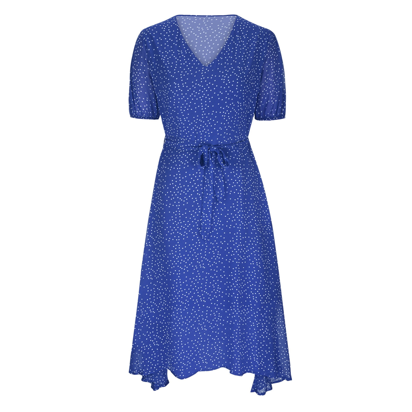Floleo Women Casual Dress Summer Dress Clearance V Neck Solid Color Polka Dot Print Dress Short Sleeve Lace Up Tie Dress