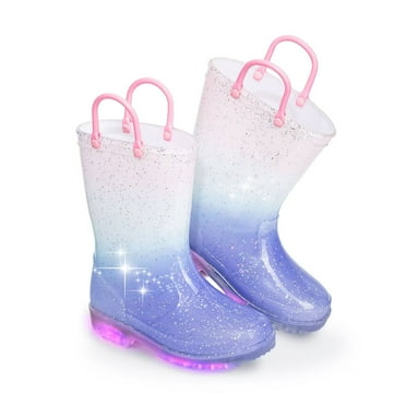 Girls Gradient Waterproof Light Up Rain Boots Kids Glitter Rain Boots with Easy on Handles