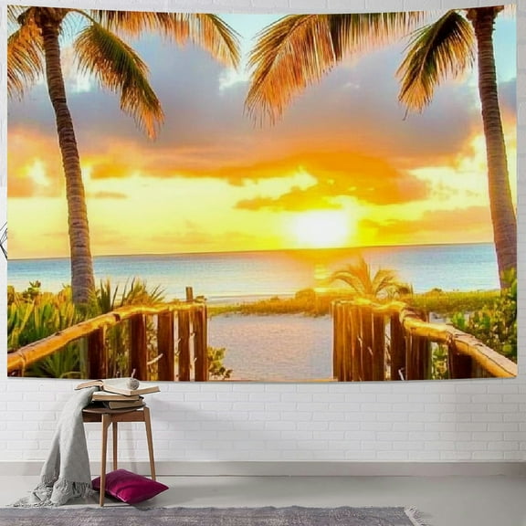 Autua Beach Sunset Tapestry Tropical Seaside Palm Trees Coastal Tapestry Wall Hanging Sunrise Nature Landscape Scenery Headboard Bedroom Living Room Home Decoration 40x30inch