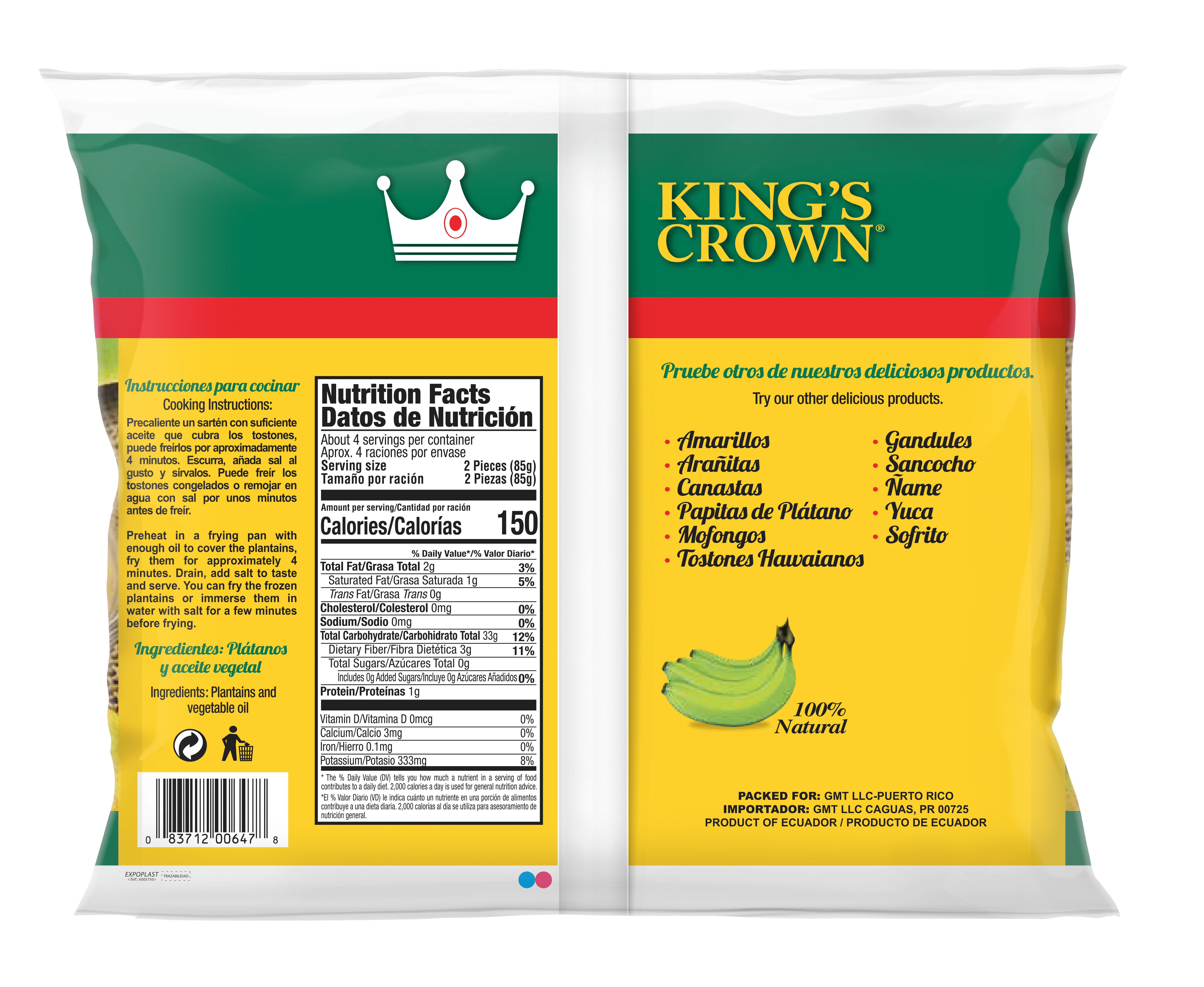 King's Crown Foods, Fried Green Plantains, Tostones, 12 oz Plastic Bag (Frozen)