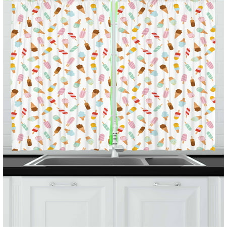 Ice Cream Curtains 2 Panels Set, Cartoon Doodle Style Creamy Delicious Diary Desserts with Various Sweet Flavors, Window Drapes for Living Room Bedroom, 55W X 39L Inches, Multicolor, by