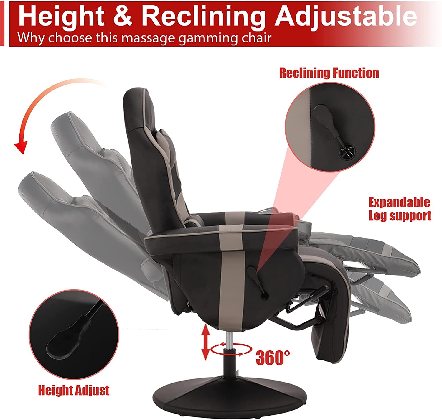 LVUYOYO Massage Video Gaming Recliner Chair Ergonomic Backrest & Seat Height Adjustment Swivel Recliner PU Leather High Back Computer Office Chair with Cupholder, Headrest, Lumbar Support, Footrest