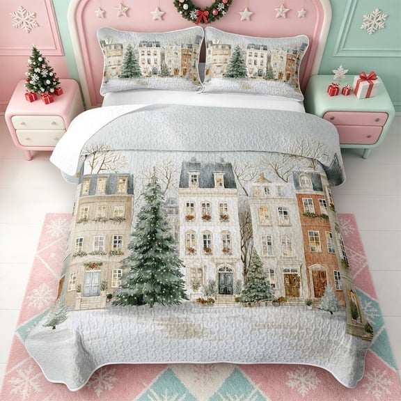 Erosebridal Winter Village Quilt Full,Cozy Christmas Scene Full Bedspread Sets,3pcs,1 Coverlet and 2 Pillowcases