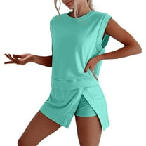 Woman Summer Outfits Summer Solid Cotton Casual Outfit Sleeve Tank Top and Shorts 2 Piece Set Lightweight Breathable Womens Travel Outfit Mint Green XL