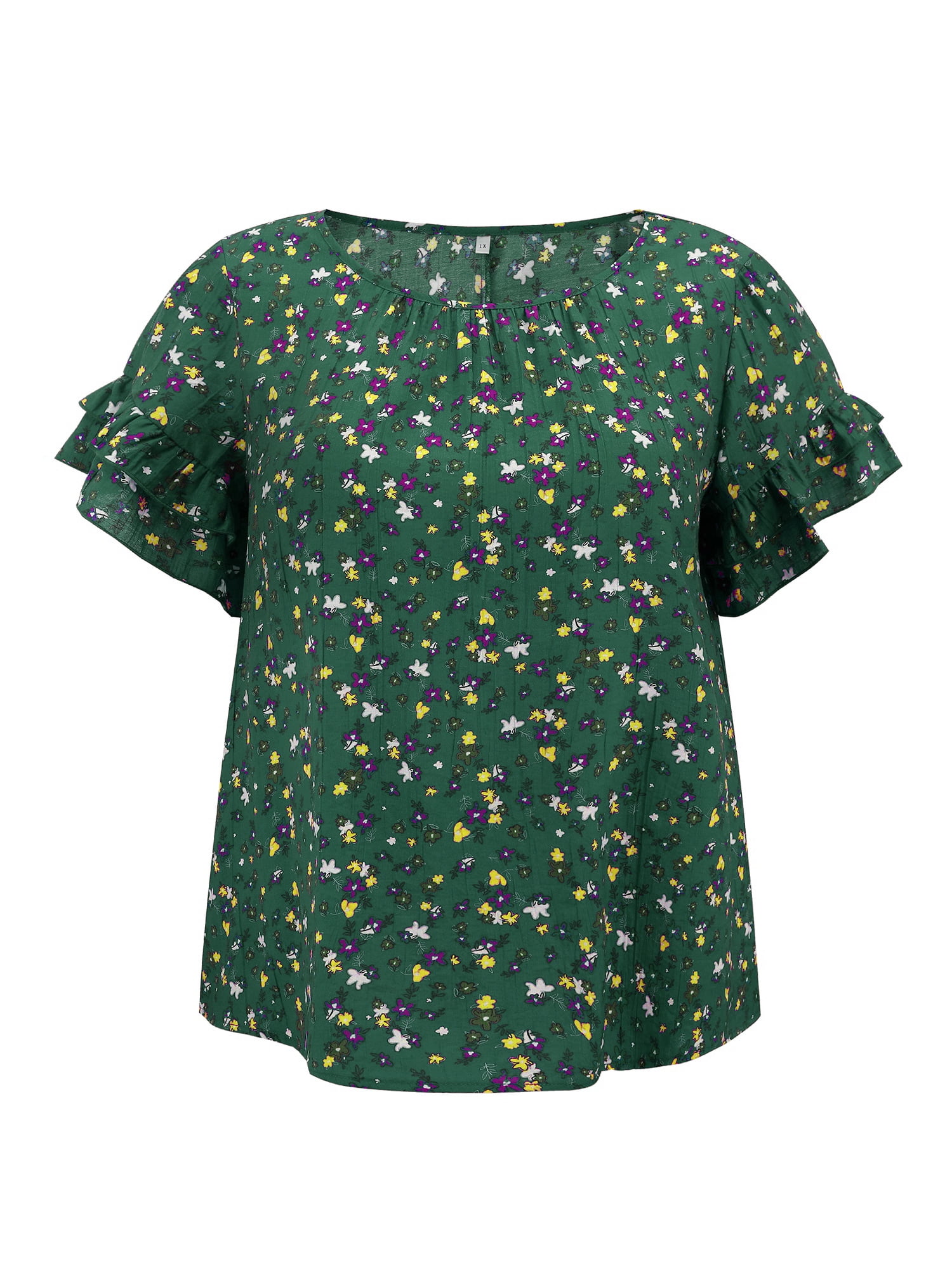 DARING DIVA Women's Plus Floral Print Ruffles Blouse 3X Dark Green