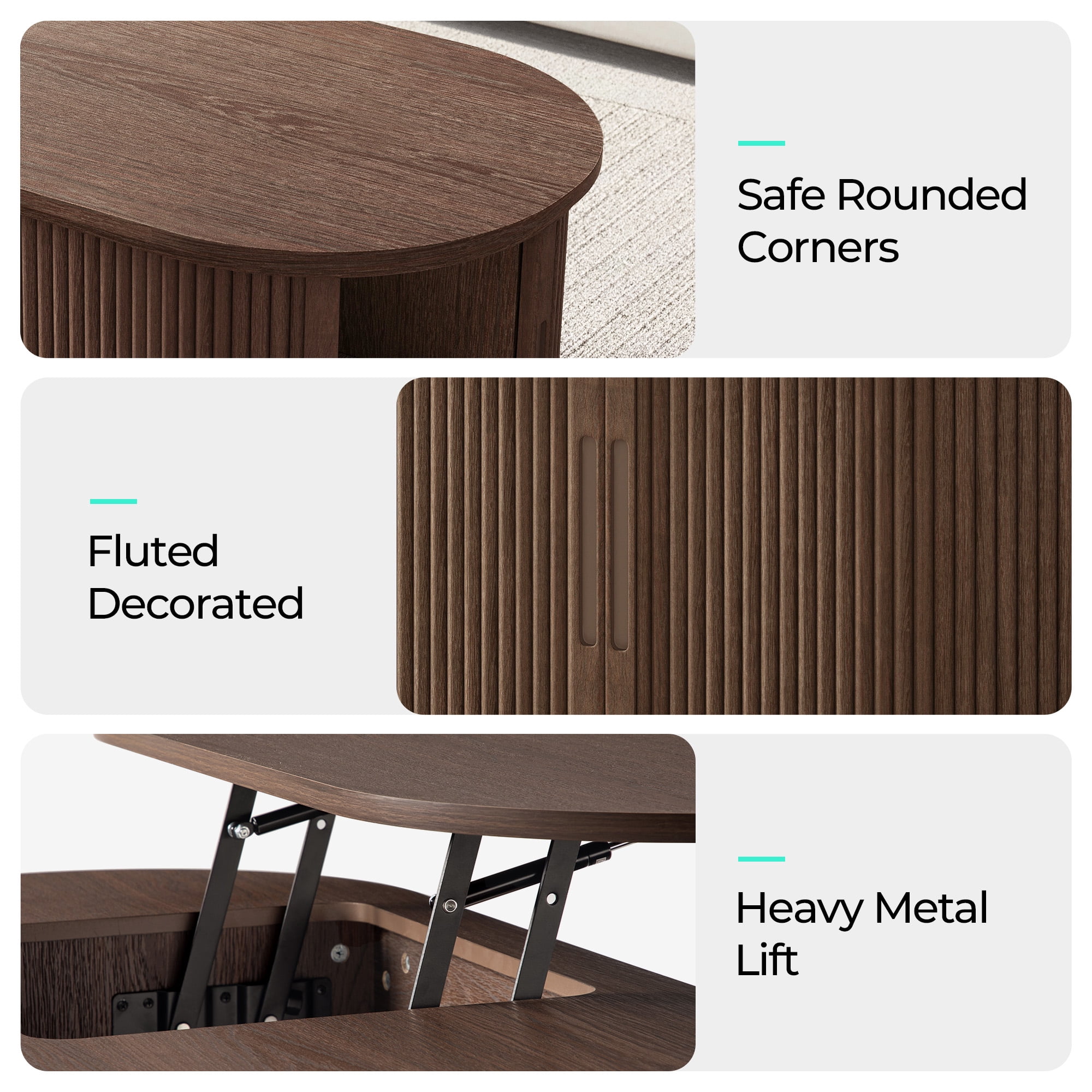 Linsy Home Lift Top Fluted Coffee Table with Storage, Mid-Century Coffee Table for Living Room with Sliding Tambour Door, Walnut