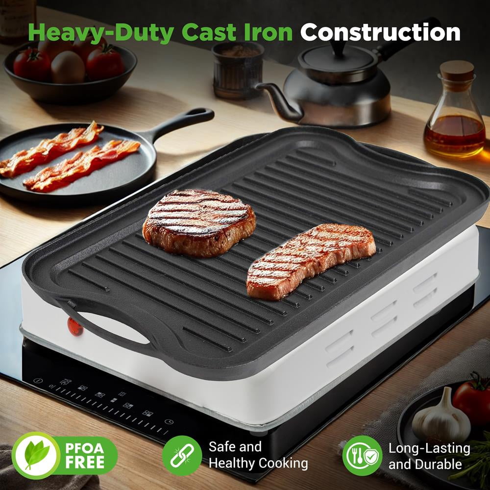 NutriChef Reversible Cast Iron Griddle Pan, Heavy-Duty Flat & Ribbed Grill Plate for Stove Top & Gas Grill, Includes Scraper Tool