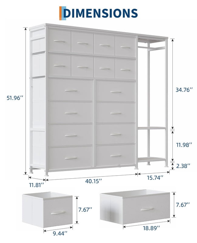 TROPOW Tall Dresser for Bedroom, Fabric Dressers with 16 Drawers & Clothes Rack & 2 Storage Shelves, PU Closet Dresser with Hanging Space, Large Chests of Drawers