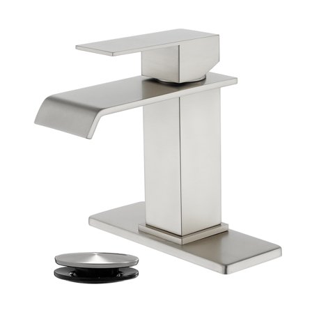 Cobbe Single-Handle Waterfall Spout Bathroom Sink Faucet for Vanity Single-Hole Installation with Pop-Up Drain Brushed Nickel