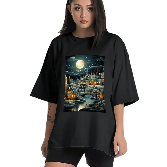 Plus Size Shirt for Women Black Tops for Women Short Sleeves Shirt for Women Christmas Scene T Shirt Crewneck Shirt for Women XS