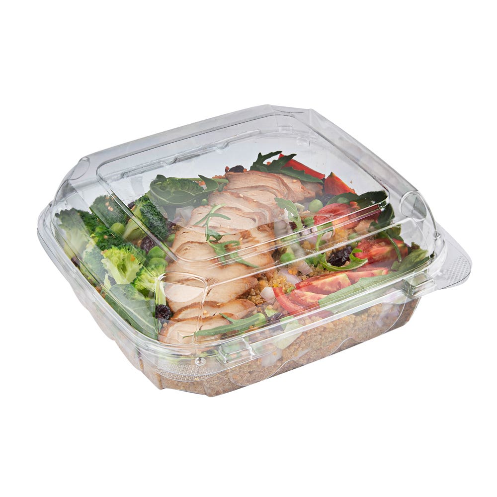 Thermo Tek 34 oz Square Clear Plastic Take Out Salad Bowl - with Lid,  Anti-Fog - 7 1/2 x 7 1/2 x 3 - 100 count box