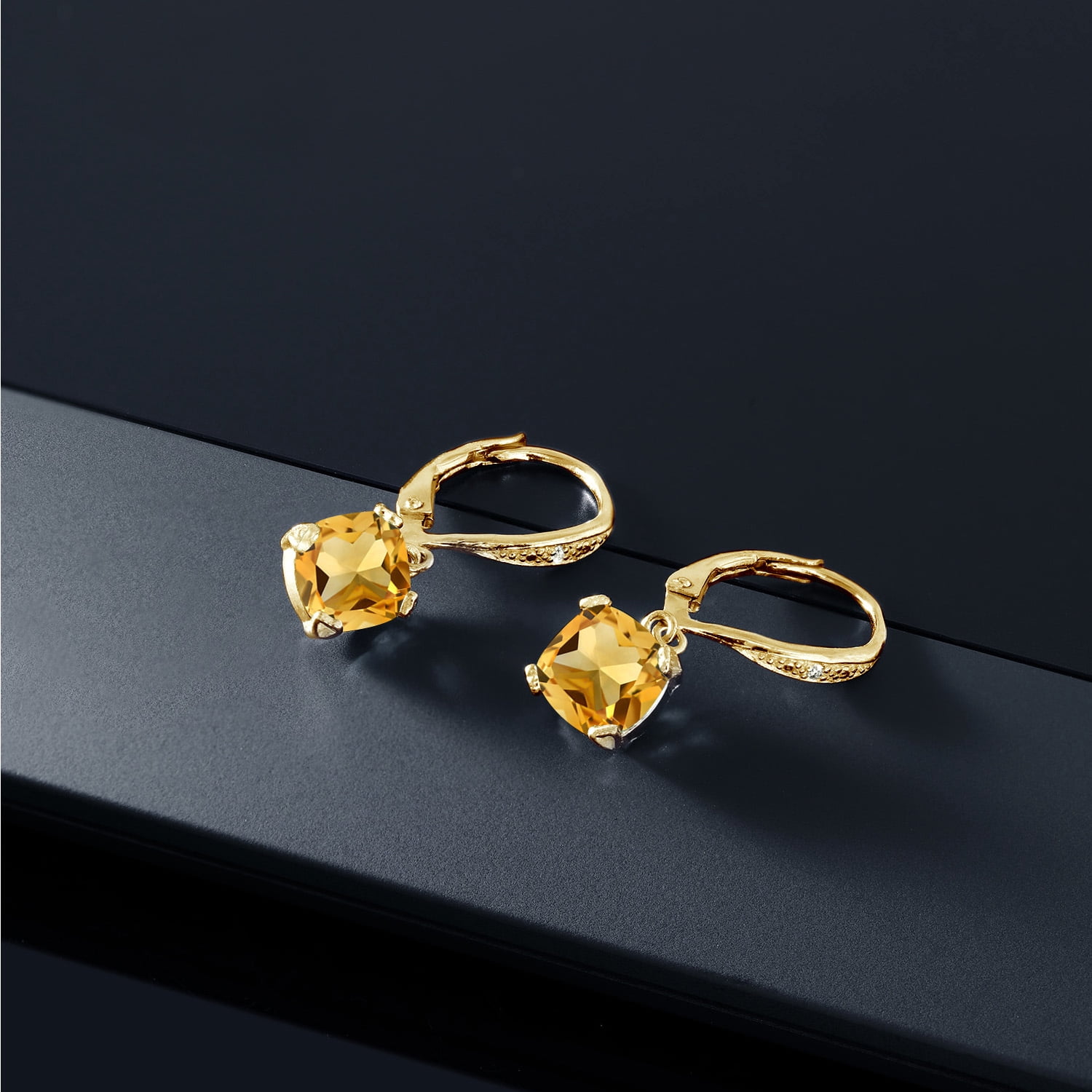 Gem Stone King 18K Yellow Gold Plated Silver Yellow Citrine and White Diamond Earrings for Women (2.81 Cttw, Gemstone November Birthstone, Cushion 7MM)