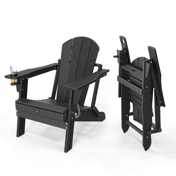 Ktaxon HDPE Adirondack Chairs, Folding & Cup Holder Adirondack Chairs, All Weather Waterproof for Outdoor Patio Garden Pool Lawn Firepit (Black)