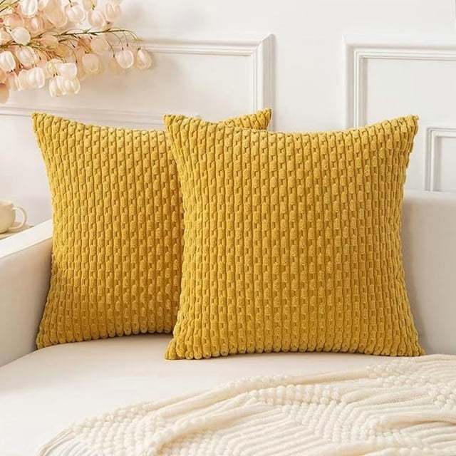 Chenchen Kevin Textile Throw Pillow Covers Soft Corduroy Decorative Set of 2 Boho Striped Pillow Covers Pillowcases Farmhouse Home Decor for Couch Bed Sofa Living Room 24x24 Inch Mustard Yellow