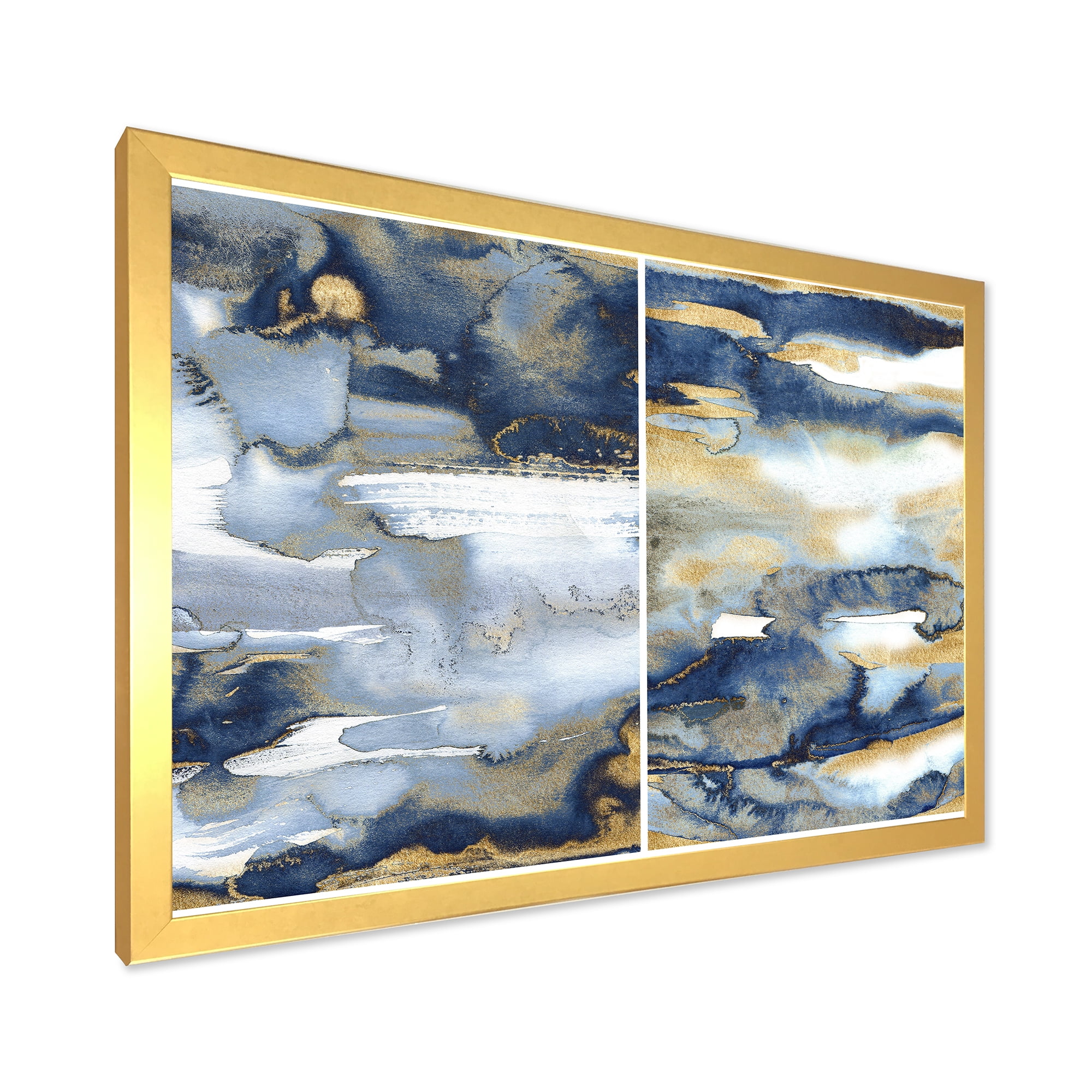 Designart 'Gold and Dark Blue Abstract II' Modern Framed Art Print