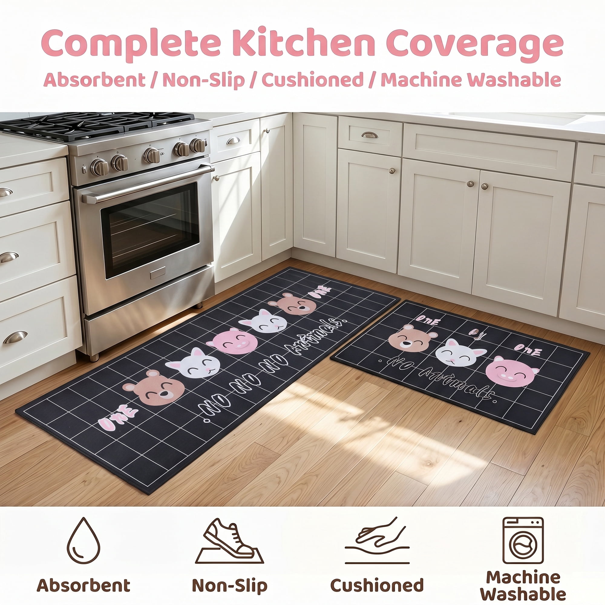 Unique Bargains Non Slip Animal Floral Printed Kitchen Rugs and Mats Black 24"x16"+47"x16"