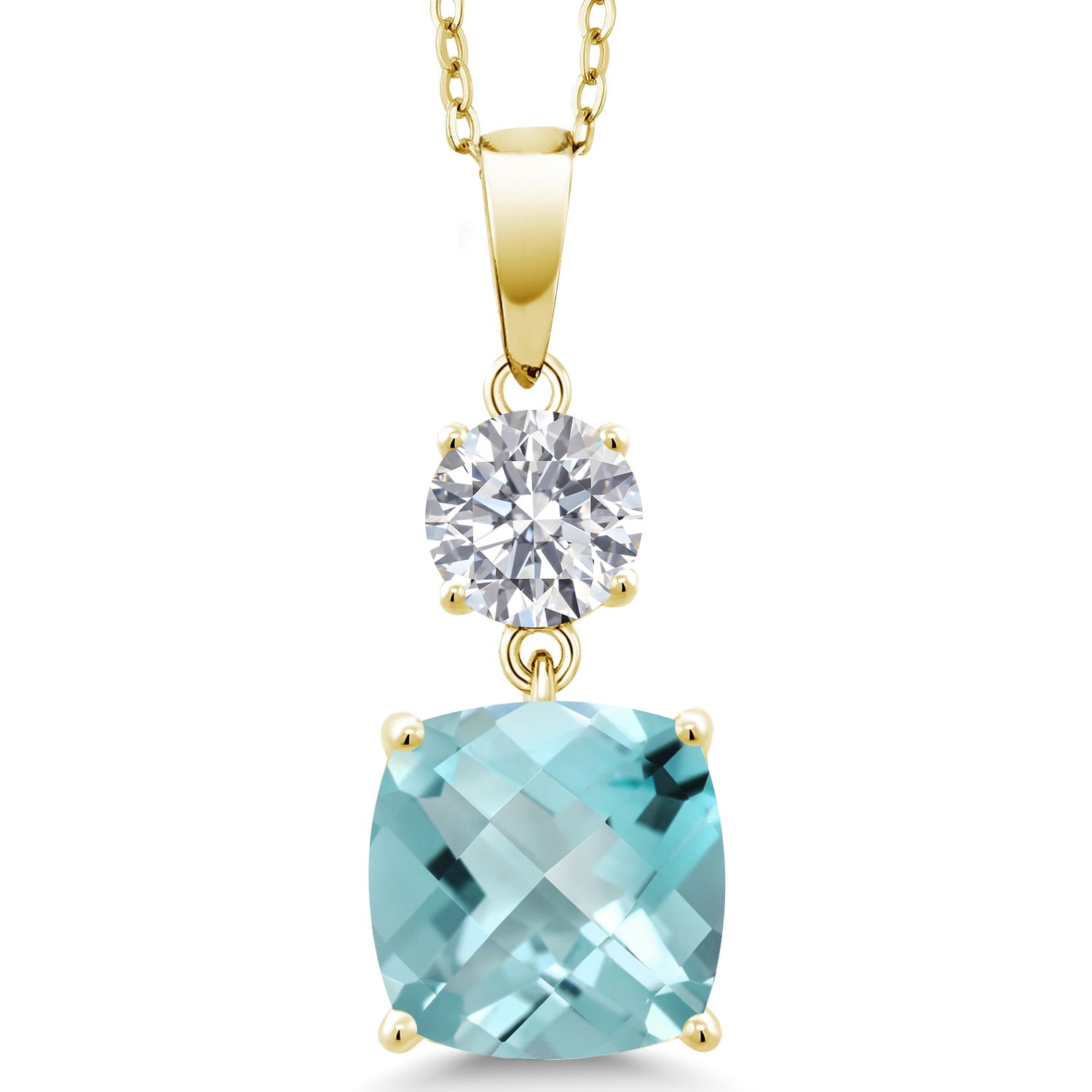 Gem Stone King 18K Yellow Gold Plated Silver Sky Blue Topaz and Lab Grown Diamond Pendant for Women | 5.89 Cttw | Gemstone November Birthstone | Cushion Checkerboard 10MM