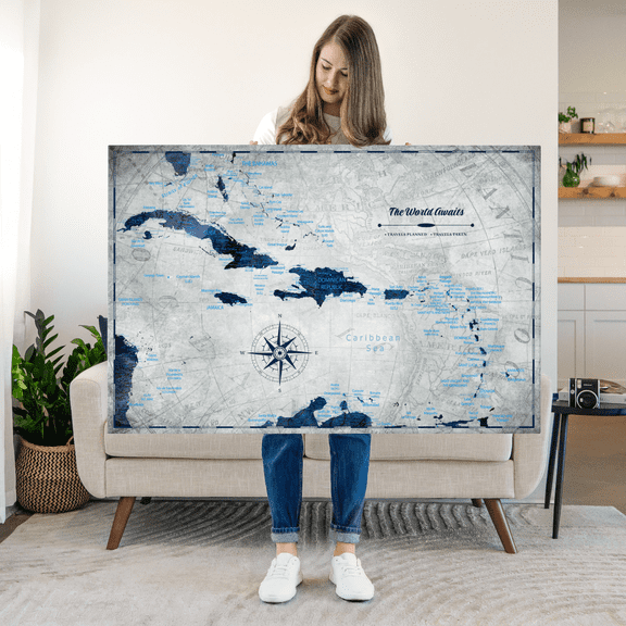 Elephant Stock World Awaits I Push Pin Caribbean Map Wall Art - Map Canvas Art - 12" x 8"