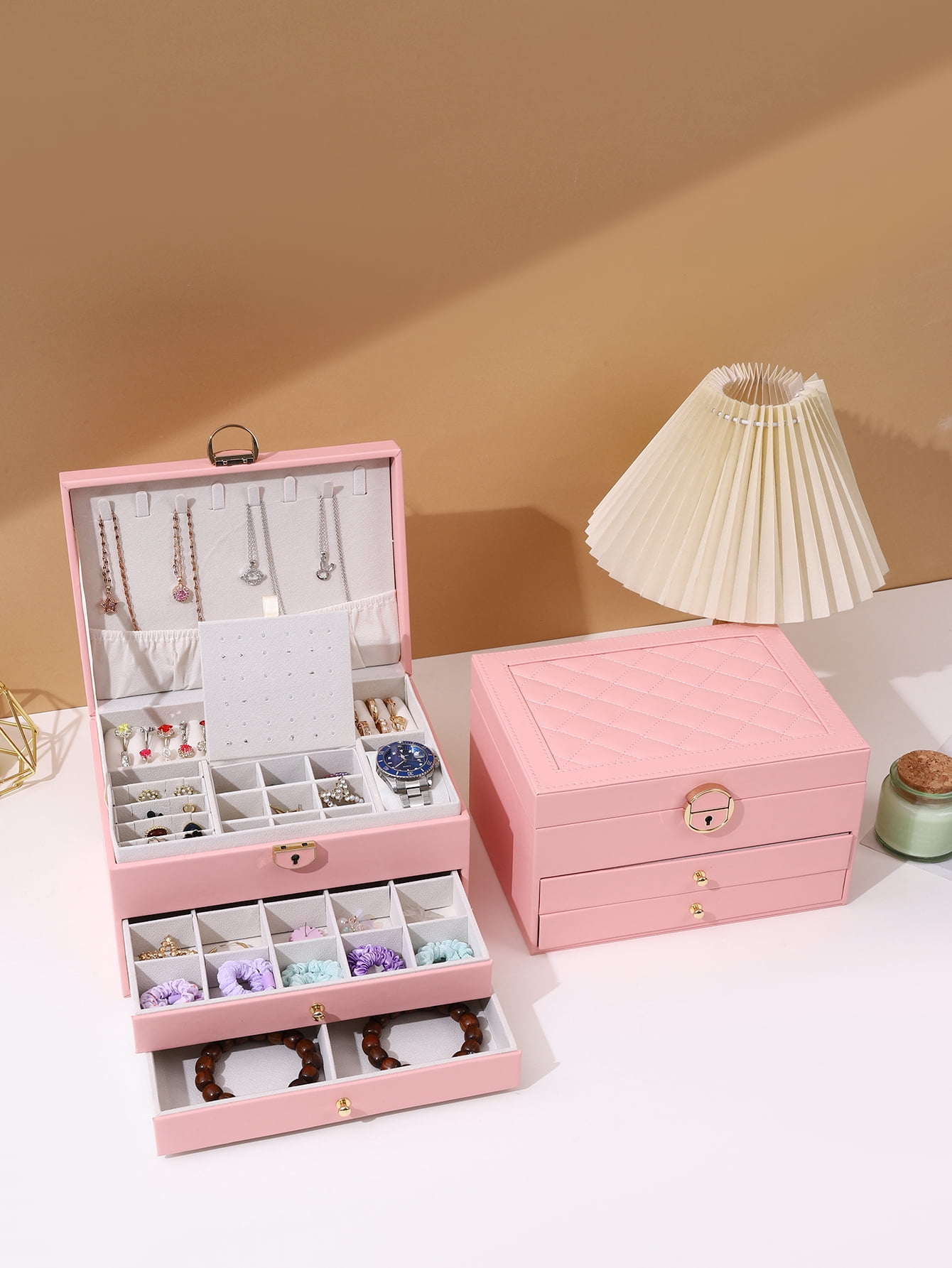 Christmas Gift for Women,Large Jewelry Box for Women Girls, 3 Layer Large Jewelry Boxes & Organizers, PU Leather Jewlwey Display Holder with Removable Tray for Earrings Rings Bracelets,Pink
