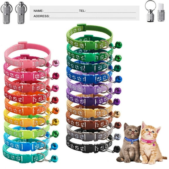 19 Pack Cat Collars with Bells, Puppy Id Collars, Adjustable 8-12 inch Safety Nylon Kitten Collar with Name Tag, Cat Collar for Girl Cats Male Cat (19 Colors & 2 ID Tags)